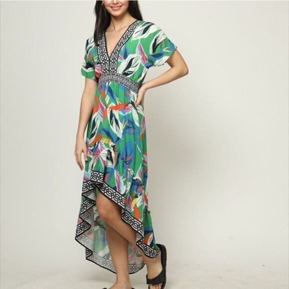 Flying tomato deep v neck high low leaf dress multicolor green - Picture 1 of 13